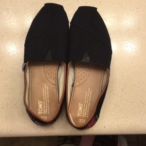 Toms Black and Plaid Slip Ons
